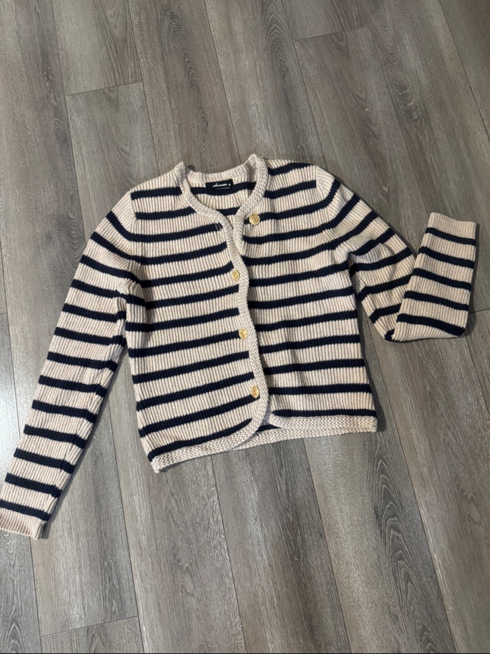 Ohiraceous Navy & Cream Striped Knit Cardigan | Gold Buttons | Size M